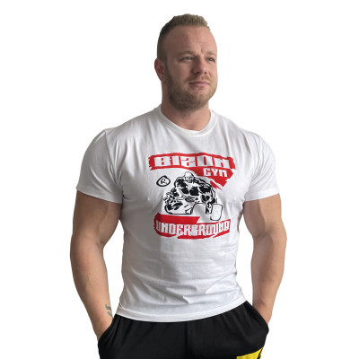 Bíle tričko Bizon Gym s červeným logem na prsou